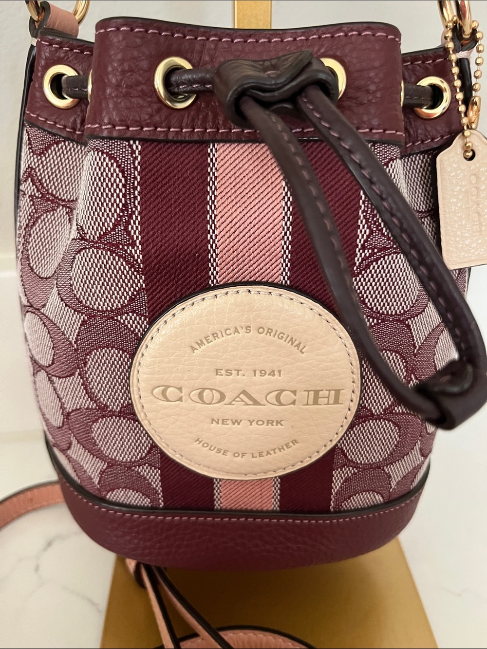NWOT Coach Mini Dempsey Burgundy Signature Drawstring Bucket Bag - Picture 4 of 12